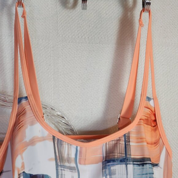 Rotita Peach Grey White Geo Print Poly Elastan Double Adj Strap Tankini Set Sz S - Picture 4 of 16